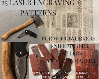 25 lasergravurepatronen voor houtbewerkers, juweliers, messenmakers, leerbewerkers en gereedschapsmakers JPG-, PNG-, AI-, DXf- en Svg-bestandsbundel.