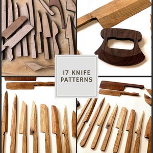 Op de afbeelding: Een collage van 17 verschillende houten mespatronen. De patronen zijn gerangschikt in een raster met een titelkaart waarop "17 mespatronen" staat.