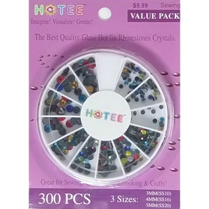 HOTEE Hotfix Rhinestones Cristales de Vidrio- Piedras de 3 tamaños con caja de almacenamiento gratuito VALUE PACK 300 Pcs