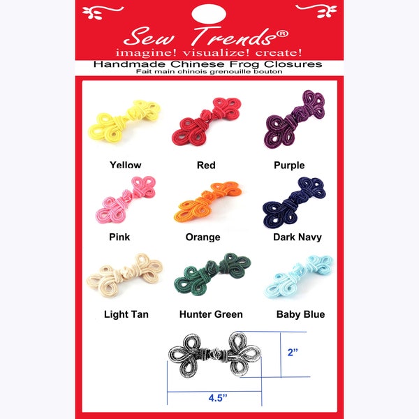 Chinese Frogs Button Closures Hook & Eye Fastener- HANDMADE- 11 Colors- 4.5"x2"- Double Three Loop- 1 Pair/pk.  #FG4666