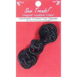 Chinese Frogs Button Closures Hook & Eye Fastener- HANDMADE- Black- Round Cord Pessimentry - 1 Pair/pk.  #FG4753