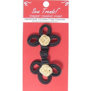 Chinese Frogs Button Closures Hook & Eye Fastener- HANDMADE- Black/Sunset Beige-Double Braid Flower-1 Pair/pk.  #FG20
