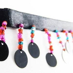 Hanging beaded Fringes- Multi Color Ombre Shades Glass Seed Beads With Black Round Sequin Paillettes Charms On Satin Ribbon- 1 yard - #FR151