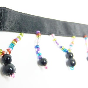 Hanging beaded Fringes- Multi Color Ombre Shades Glass Seed Beads With Black Round Pearls On Satin Ribbon Tape - 1 yard - #FR-35