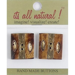 Handmade Natural Bone Buttons- Antique Brown/Gold - 26x29mm - Brass Inlay Design - 2 pcs/pk. #1875