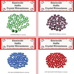 May include: Four groups of Swarovski Hotfix crystal rhinestones in different colors: green, purple, blue, and red. Each group is labeled with the color name and "Made in Austria".