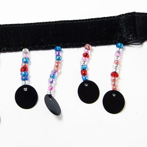 Hanging beaded Fringes- Multi Color Glass Seed Beads Ombre Tonal Shades With Black Round Sequins Paillettes On Satin Ribbon- 1 yard - #FR166