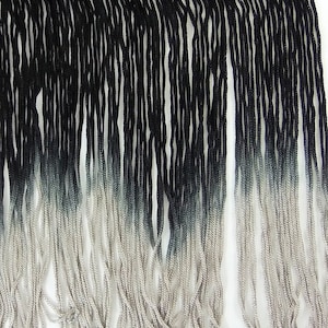 Puede incluir: Borde de flecos de color negro y plateado degradado. El fleco está hecho de finos hilos de hilo que están atados juntos en la parte superior. El fleco tiene aproximadamente 2,5 cm de largo.