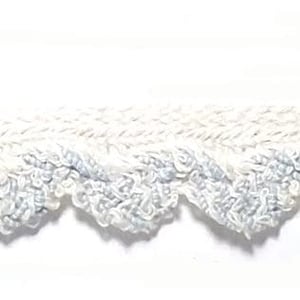 May include: A length of white lace trim with a scalloped edge. The trim has a textured, woven appearance and a delicate, intricate design. The scalloped edge creates a decorative border, suitable for various craft and sewing projects.