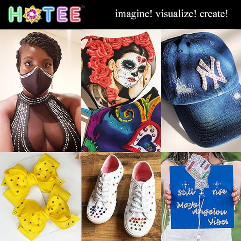 May include: A collage featuring a black rhinestone face mask, a sugar skull print mask, a blue denim baseball cap with a rhinestone NY logo, two yellow rhinestone hair bows, white sneakers with colorful rhinestones, and a blue graduation cap.