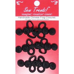 Chinese Frogs Button Closures Hook & Eye Fastener- HANDMADE- Black- Swirly 2 Loop Frogs- 3 Pair/pk.  #FG09
