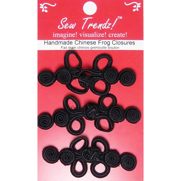 Chinese Frogs Button Closures Hook & Eye Fastener- HANDMADE- Black- Swirly 2 Loop Frogs- 3 Pair/pk.  #FG09