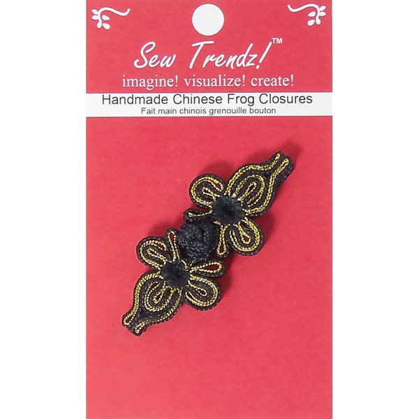 Chinese Frogs Button Closures Hook & Eye Fastener- HANDMADE- Black/Gold- 2.75"x1"- Butterfly Design- 1 Pair/pk.  #FG4691