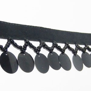 Hanging beaded Fringes- Black Round Sequins Paillettes Charms with Glass Seed Beads On Satin Ribbon Tape  home décor - #FR-19