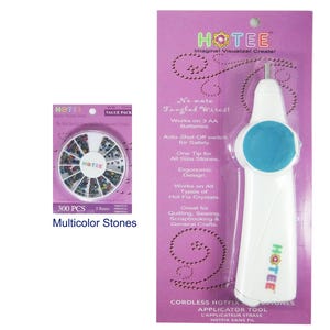 May include: A white and blue cordless hotfix applicator tool on purple packaging with text including No more Tangled Wires and Works on 3 AA Batteries, alongside a circular container of 300 multicolor stones in three sizes on purple packaging.