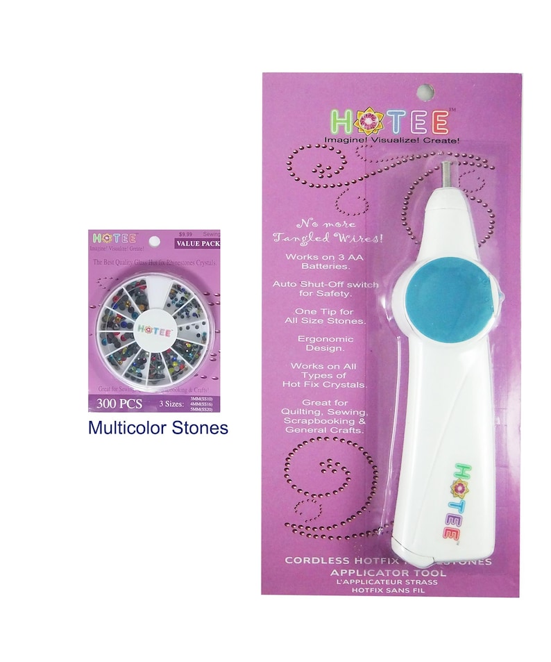 May include: A white and blue cordless hotfix applicator tool on purple packaging with text including No more Tangled Wires and Works on 3 AA Batteries, alongside a circular container of 300 multicolor stones in three sizes on purple packaging.