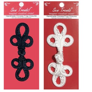 Cierres de botón con gancho y ojal estilo rana china - HECHOS A MANO - Negro o blanco - Trenzado doble grande de tres bucles - 5.5" x 2" - 1 par/paquete. #FG4750N