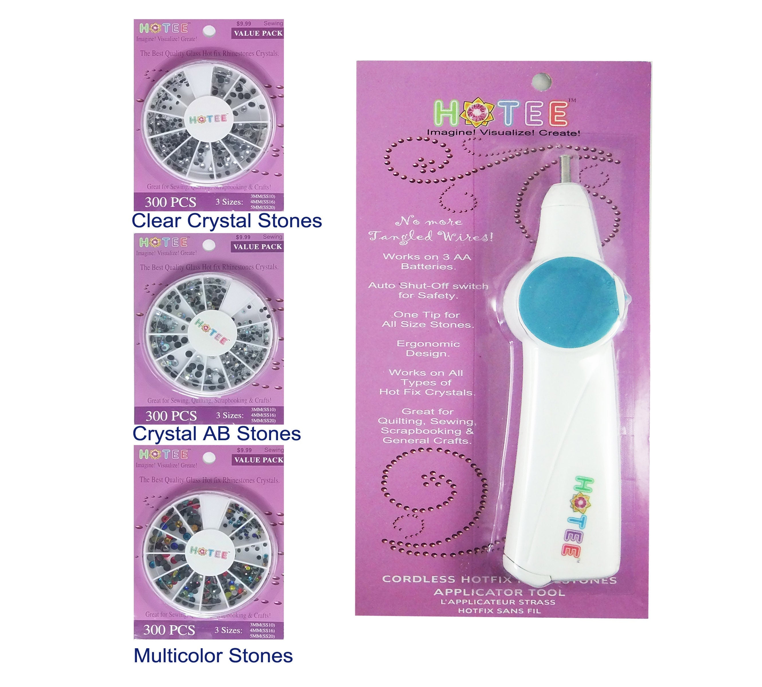 HOTEE Cordless Hotfix Rhinestones Applicator Tool Wand Setter Bedazler Starters Value Kit with Hotfix Glass Crystals in Easy to Store Cases
