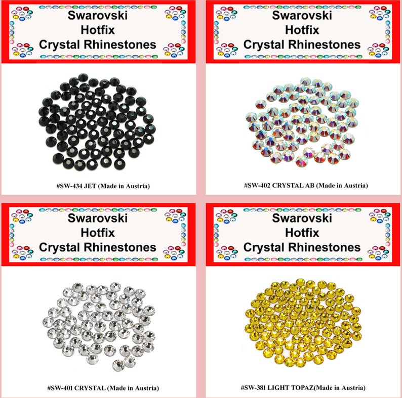May include: Four packs of Swarovski Hotfix Crystal Rhinestones. Each pack contains a different color: black, iridescent, silver, and gold. The packs are labeled with the Swarovski logo and the color and number of the rhinestones.