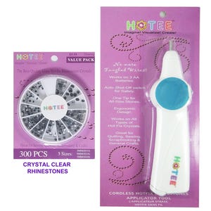 May include: A Hotee brand cordless hotfix applicator tool in white and blue, packaged on a purple card, alongside a circular container of 300 crystal clear rhinestones in three sizes, 3mm, 4mm, and 5mm, also on a purple backing card.