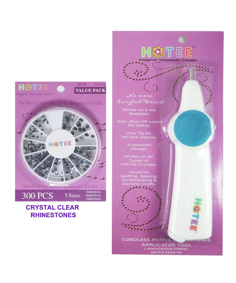May include: A Hotee brand cordless hotfix applicator tool in white and blue, packaged on a purple card, alongside a circular container of 300 crystal clear rhinestones in three sizes, 3mm, 4mm, and 5mm, also on a purple backing card.