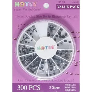 May include: A circular plastic container with twelve compartments filled with clear glass hot fix rhinestones. The packaging is purple with the text HOTEE, 300 PCS, and 3 sizes: 3MM(SS10), 4MM(SS16), 5MM(SS20) printed on the front surface.