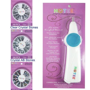 May include: A cordless hotfix applicator tool in white and blue packaging with the brand name HOTEE, alongside three circular containers, each holding 300 pieces of clear, crystal AB, and multicolor stones for sewing and crafting projects.