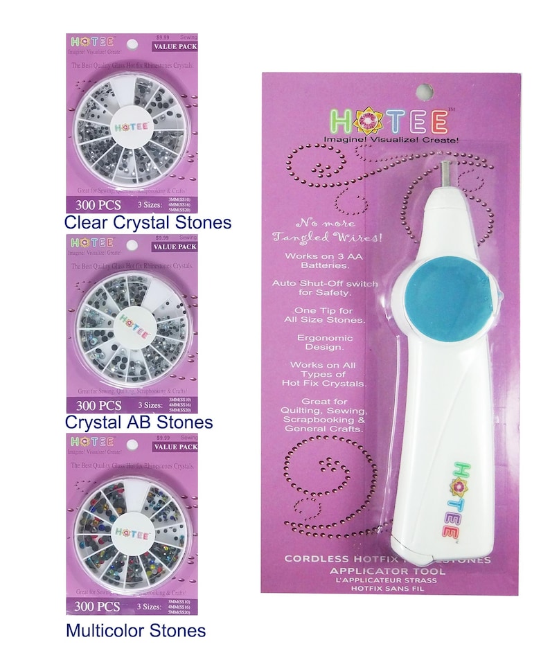 May include: A cordless hotfix applicator tool in white and blue packaging with the brand name HOTEE, alongside three circular containers, each holding 300 pieces of clear, crystal AB, and multicolor stones for sewing and crafting projects.