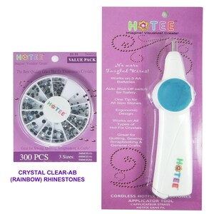 May include: A Hotee brand cordless hotfix applicator tool in white and blue packaging, alongside a circular plastic container holding 300 crystal clear AB rainbow rhinestones in three sizes, labeled 3mm, 4mm, and 5mm on the purple cardboard backing.