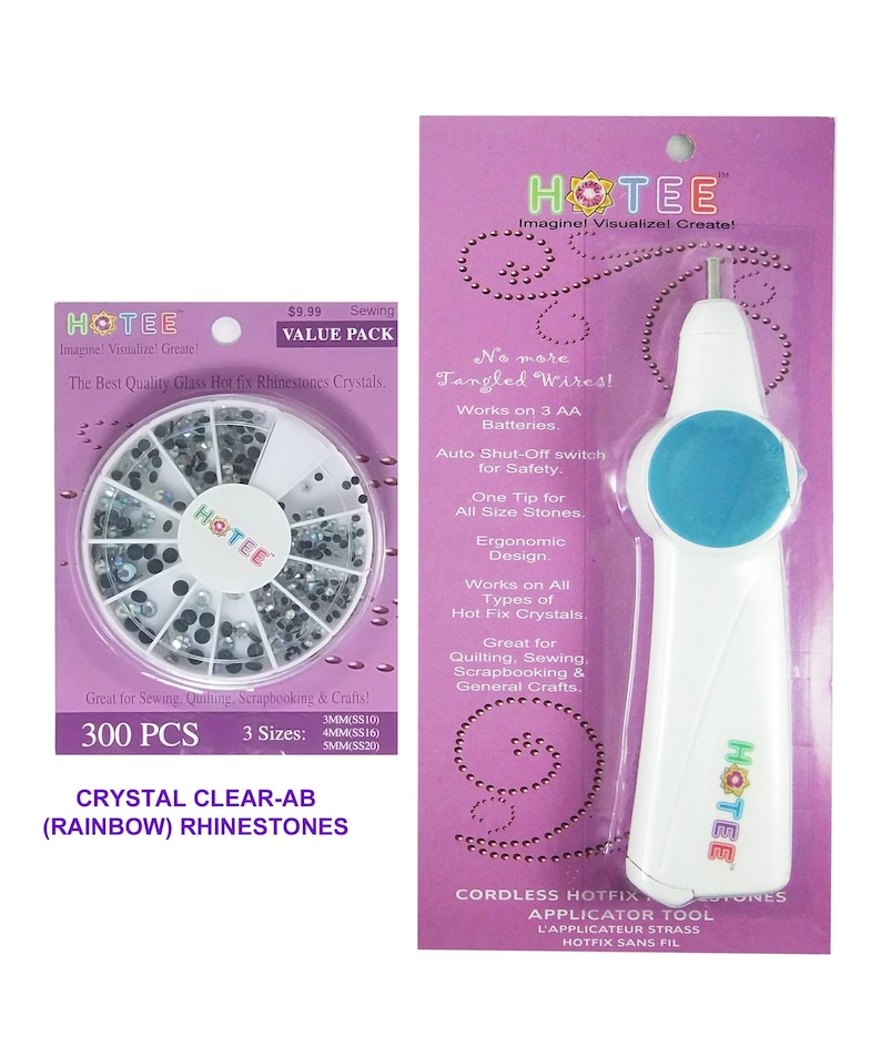 May include: A Hotee brand cordless hotfix applicator tool in white and blue packaging, alongside a circular plastic container holding 300 crystal clear AB rainbow rhinestones in three sizes, labeled 3mm, 4mm, and 5mm on the purple cardboard backing.