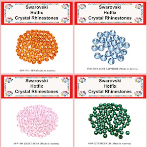 May include: Four packs of Swarovski Hotfix crystal rhinestones in different colors: orange, light blue, light pink, and green. Each pack includes a label with the color name and the code #SW-371, #SW-345, #SW-344, and #SW-327. All packs are labeled "Swarovski Hotfix Crystal Rhinestones" and "Made in Austria."