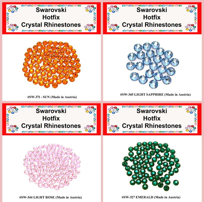 May include: Four packs of Swarovski Hotfix crystal rhinestones in different colors: orange, light blue, light pink, and green. Each pack includes a label with the color name and the code #SW-371, #SW-345, #SW-344, and #SW-327. All packs are labeled "Swarovski Hotfix Crystal Rhinestones" and "Made in Austria."