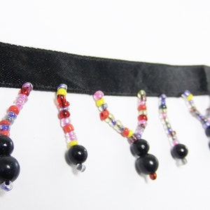 Hanging beaded Fringes- Multi Color Ombre Shades Glass Seed Beads With Black Round Pearls On Satin Ribbon Tape - 1 yard-  #FR-78