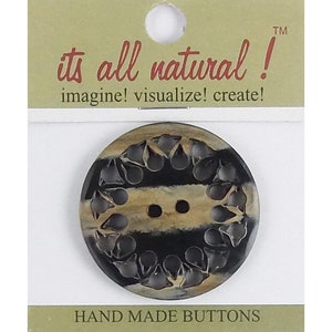Handmade Natural Horn Buttons- Black/Beige - 45mm- Carved Netting Flower Design- 1 pc/pk. #1772