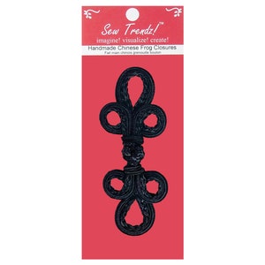 May include: Black handmade Chinese frog closure, also known as a button or toggle.  The closure is made of braided cord and has a traditional knot design.