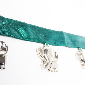 Hanging beaded Fringes- Cute and Beautiful Shiny Silver Elephants Charms On Teal Green Satin Ribbon Tape - 1 yard - #FR-13