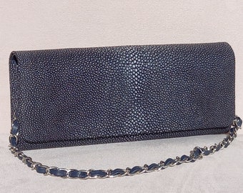 Navy leather designer clutch bag,navy blue stingray purse,dark blue full grain leather sling bag,exotic leather bag,cross body luxury bag