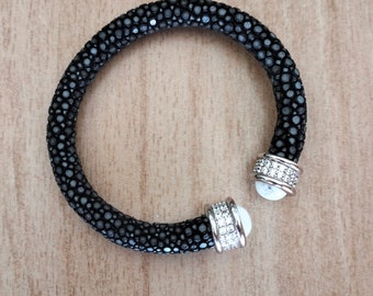 Women black stingray bracelet,black leather  bracelet,black leather bangle, shagreen bracelet,exotic leather bracelet