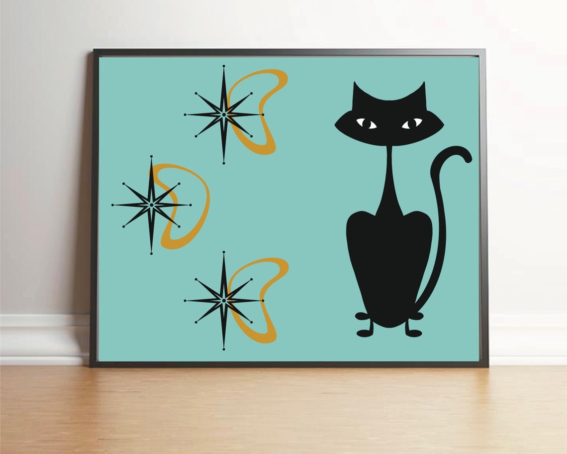 Atomic Cat Wall Art Mid Century Modern Art Print Cat Lover Etsy