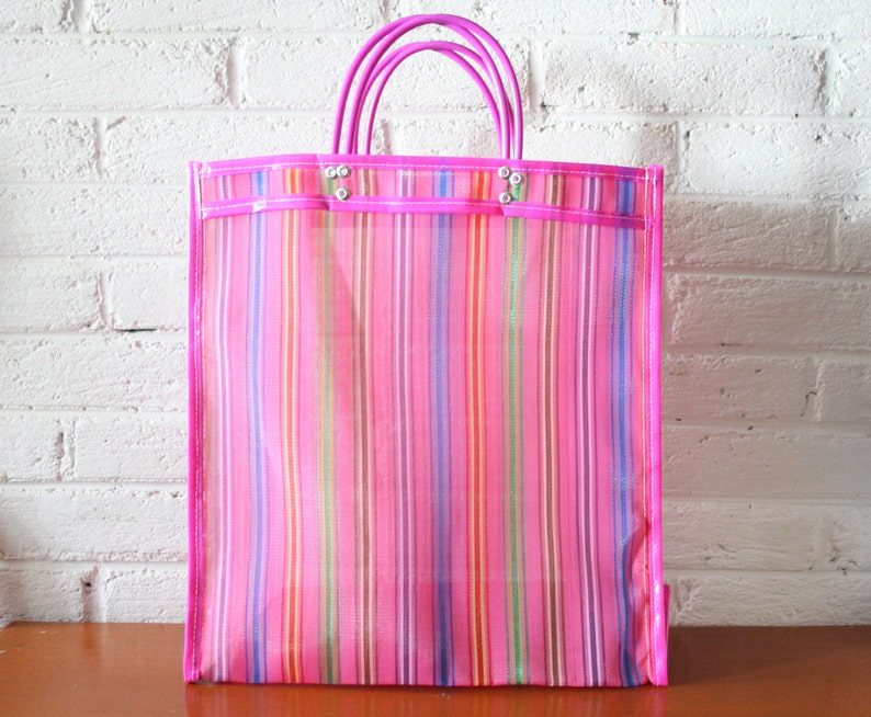 Mexican Large Market bag Pink with color lines Plastic Mesh