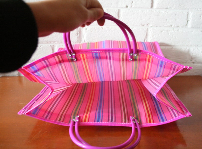 Mexican Large Market bag Pink with color lines Plastic Mesh