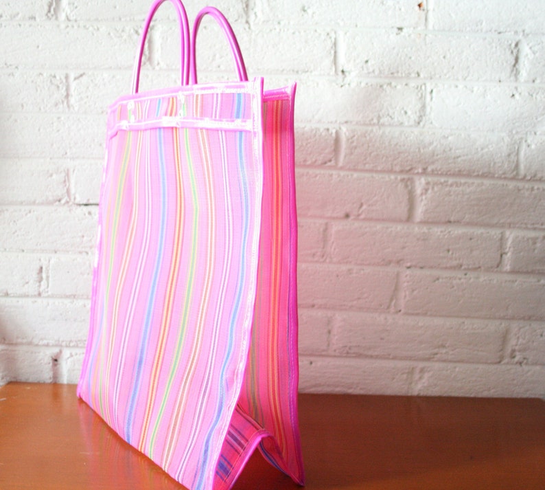 Mexican Large Market bag Pink with color lines Plastic Mesh