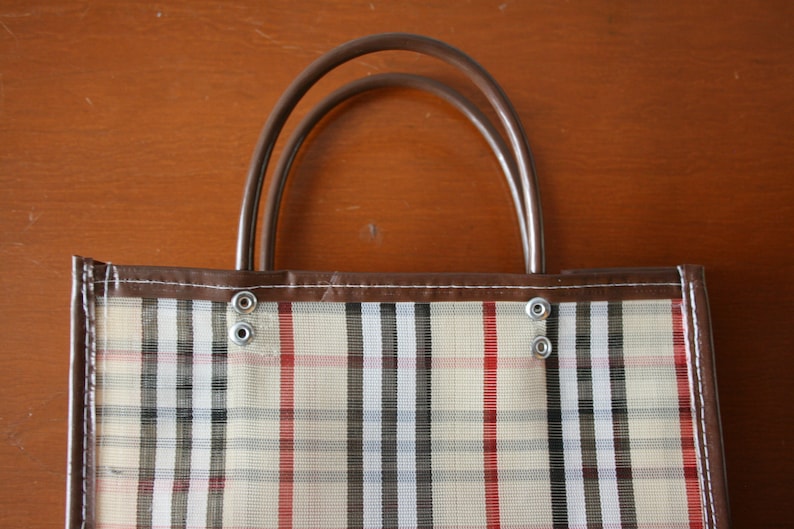 Mexican Market bag Beige with black Plastic Mesh Small #2 white and red lines