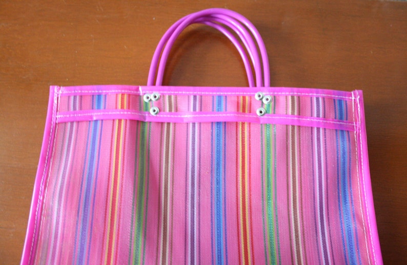 Mexican Large Market bag Pink with color lines Plastic Mesh