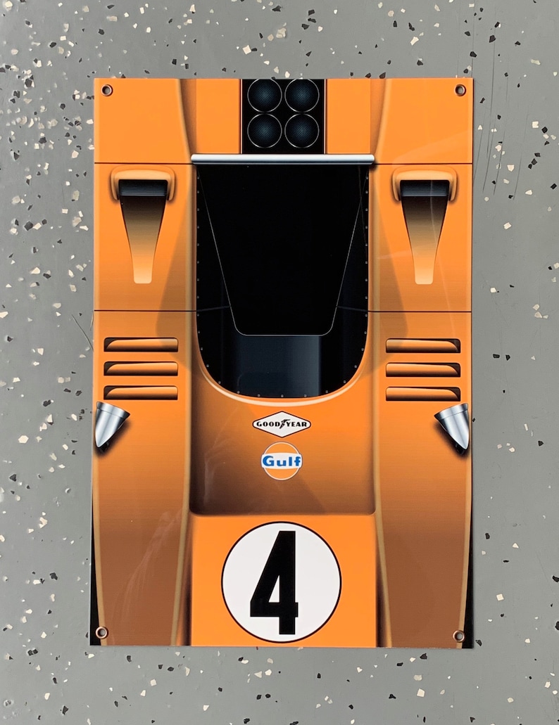 Racing legend Bruce Mclaren gulf f1 inspired large garage wall art sign