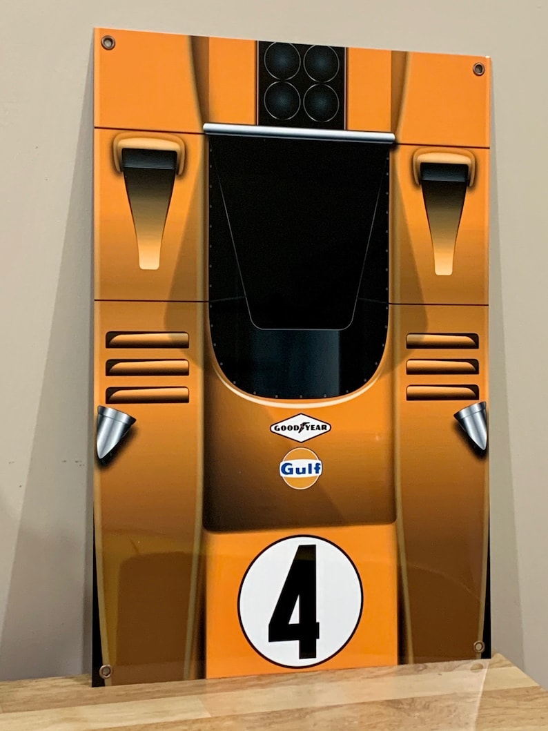 Racing legend Bruce Mclaren gulf f1 inspired large garage wall art sign