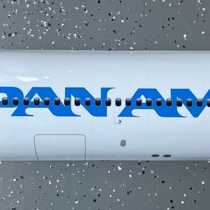 Puede incluir: Un fuselaje de avión blanco con la palabra "PAN AM" en letras azules y una fila de pequeñas ventanas azules.