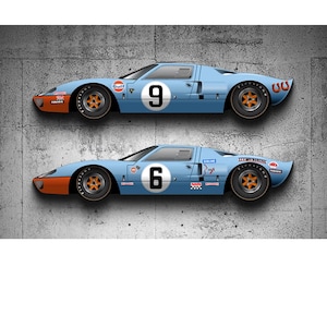 Le mans legedary racing 2 cars ford gt40  #9 and #6 inspired  garage art wall decor