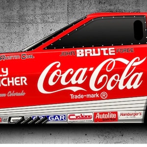 May include: Red Coca-Cola branded car door with black window and white accents. Features the Coca-Cola logo and text including "John Brute Force" and "Austin Coil". Includes sponsor logos and the text "ies from Colorado".