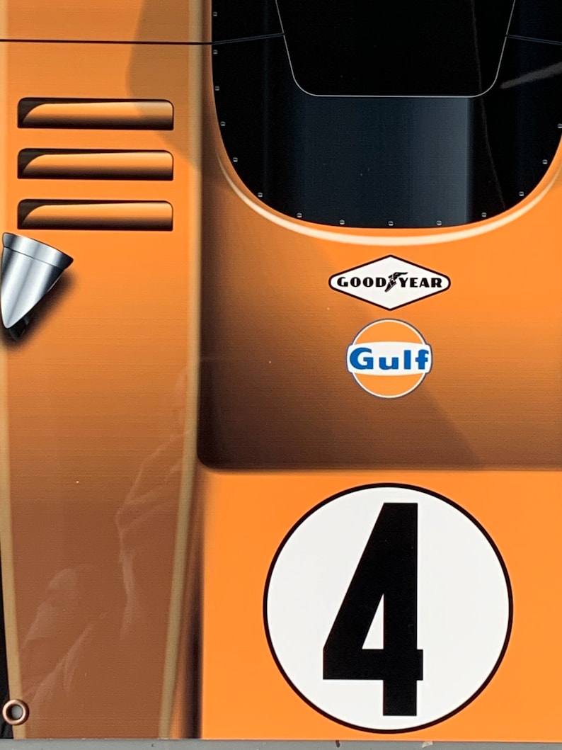 Racing legend Bruce Mclaren gulf f1 inspired large garage wall art sign
